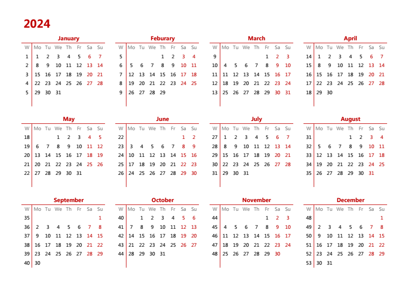 2024年日历 A4横向 英文版 无农历 有周数 周一开始